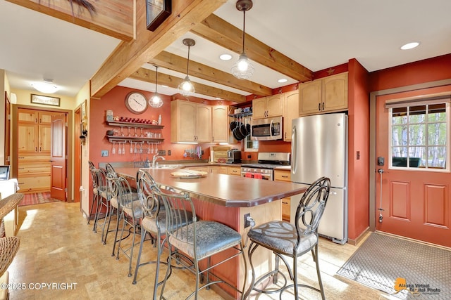 49635 S Hunter Dr, Willow, AK 99688 - kitchen with stainless steel appliances, a sink, a peninsula, a breakfast bar, and beamed ceiling