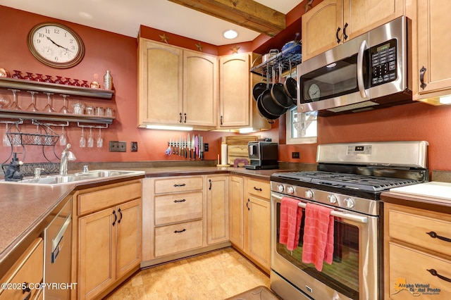 49635 S Hunter Dr, Willow, AK 99688 - kitchen featuring stainless steel appliances, a sink, light brown cabinets, beamed ceiling, and open shelves