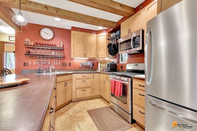 49635 S Hunter Dr, Willow, AK 99688 - kitchen with appliances with stainless steel finishes, light brown cabinets, open shelves, a sink, and beamed ceiling
