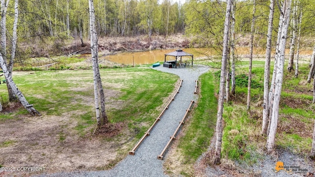 49635 S Hunter Dr, Willow, AK 99688 - view of yard featuring a gazebo, a water view, and a wooded view