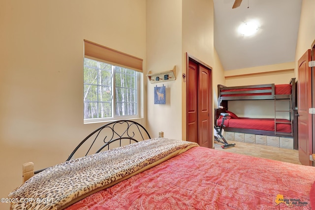 49635 S Hunter Dr, Willow, AK 99688 - bedroom with high vaulted ceiling, wood finished floors, and a closet