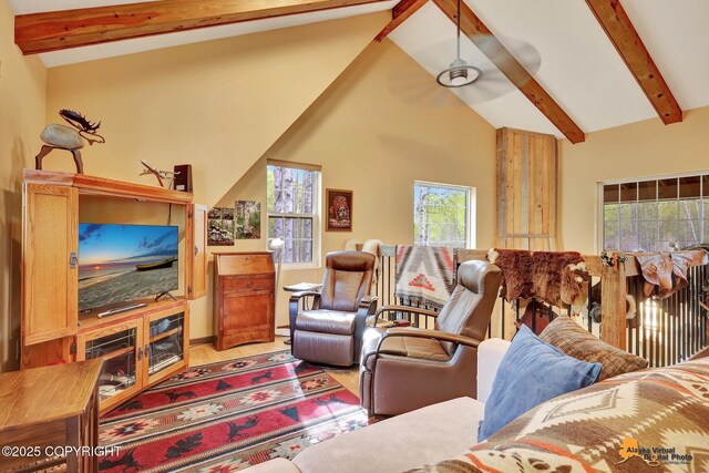 49635 S Hunter Dr, Willow, AK 99688 - living area featuring beam ceiling and high vaulted ceiling