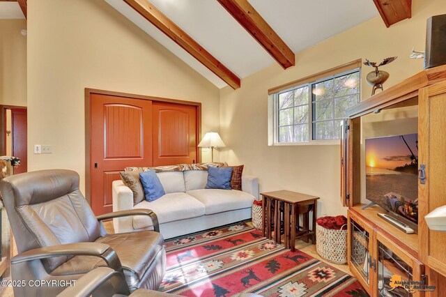 49635 S Hunter Dr, Willow, AK 99688 - living room featuring beam ceiling and high vaulted ceiling