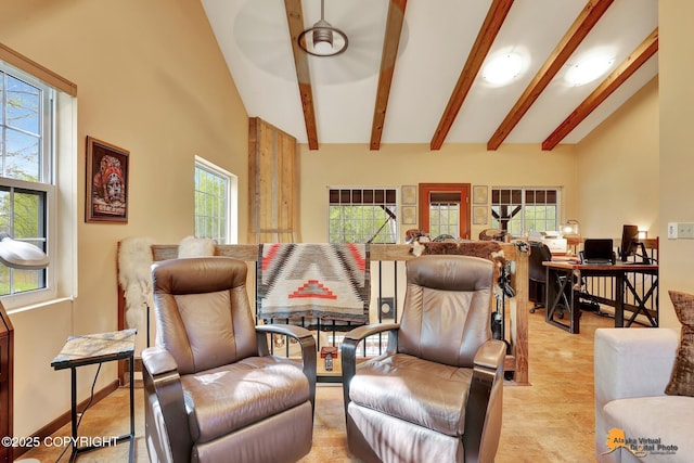 49635 S Hunter Dr, Willow, AK 99688 - living room featuring a ceiling fan, an office area, and baseboards