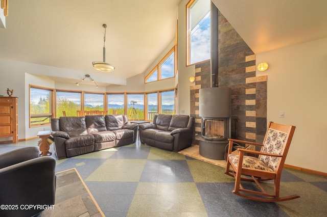 2435 Paradise Pl, Homer, AK 99603 - living room with a wood stove, baseboards, and high vaulted ceiling