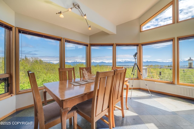 2435 Paradise Pl, Homer, AK 99603 - sunroom / solarium with radiator, a mountain view, baseboards, and lofted ceiling