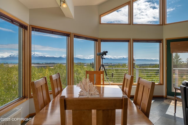 2435 Paradise Pl, Homer, AK 99603 - dining area with healthy amount of natural light, radiator heating unit, a mountain view, a high ceiling, and baseboards