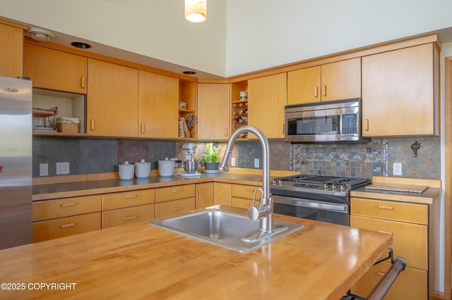 2435 Paradise Pl, Homer, AK 99603 - kitchen featuring open shelves, stainless steel appliances, a sink, tasteful backsplash, and wooden counters