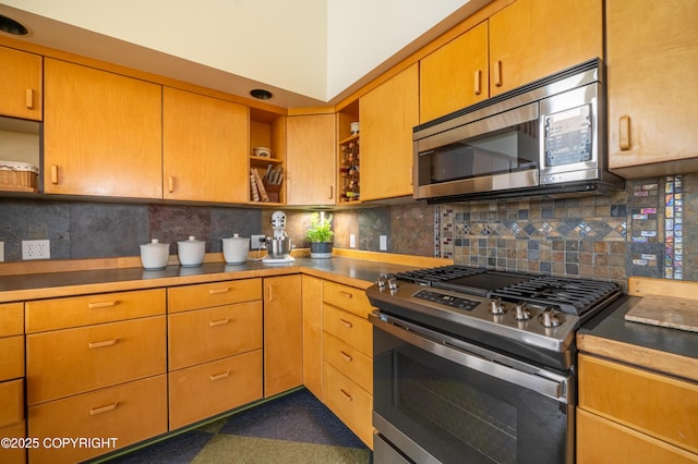 2435 Paradise Pl, Homer, AK 99603 - kitchen featuring stainless steel appliances, open shelves, and backsplash