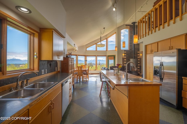 2435 Paradise Pl, Homer, AK 99603 - kitchen featuring appliances with stainless steel finishes, a sink, high vaulted ceiling, a center island with sink, and backsplash