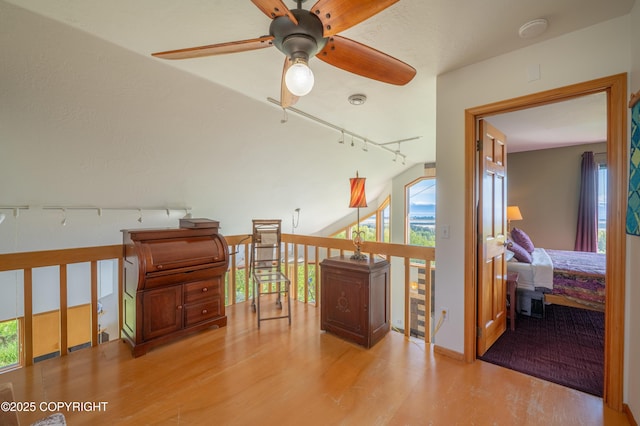 2435 Paradise Pl, Homer, AK 99603 - corridor featuring track lighting, plenty of natural light, wood finished floors, and lofted ceiling