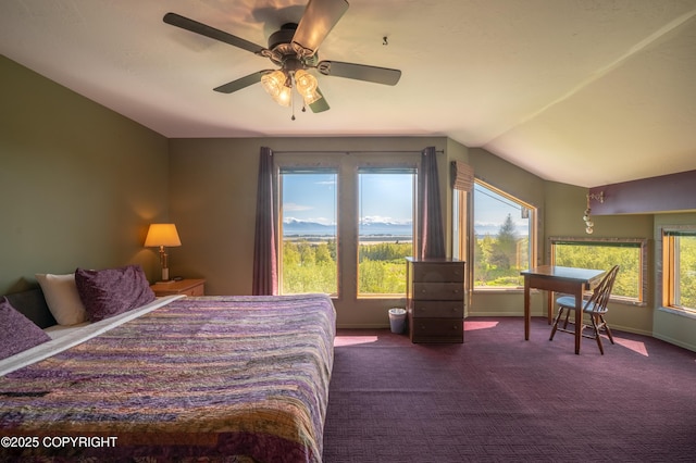 2435 Paradise Pl, Homer, AK 99603 - carpeted bedroom with vaulted ceiling, baseboards, and ceiling fan