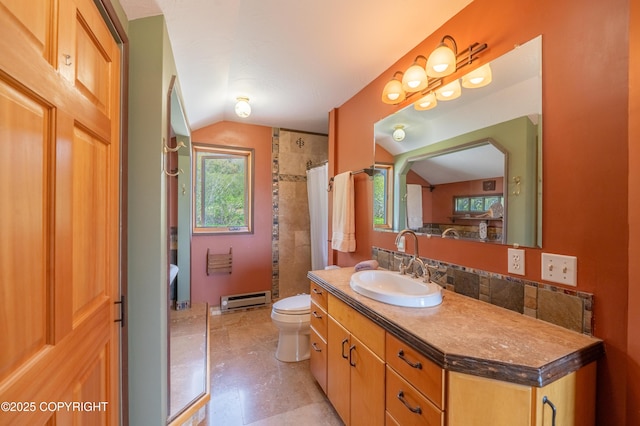 2435 Paradise Pl, Homer, AK 99603 - full bathroom featuring vaulted ceiling, a baseboard heating unit, toilet, vanity, and a shower with shower curtain
