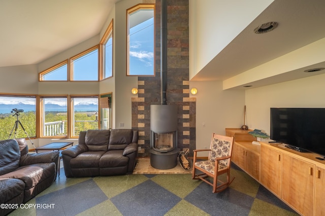 2435 Paradise Pl, Homer, AK 99603 - living area featuring a wood stove and a high ceiling