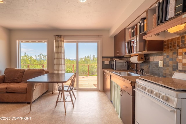 2435 Paradise Pl, Homer, AK 99603 - kitchen with white range, a sink, stainless steel microwave, and backsplash