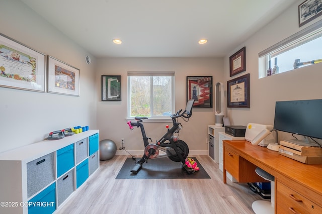 437 W Fairview Ave, Homer, AK 99603 - workout area with light wood finished floors, baseboards, and recessed lighting