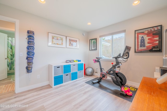 437 W Fairview Ave, Homer, AK 99603 - workout area with wood finished floors, baseboards, and recessed lighting