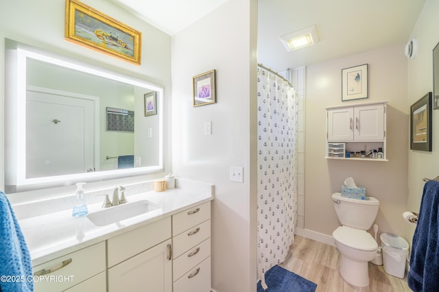 437 W Fairview Ave, Homer, AK 99603 - bathroom featuring wood finished floors, toilet, vanity, and curtained shower
