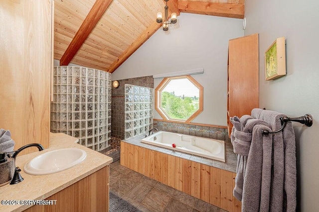41345 Alan St, Homer, AK 99603 - full bath featuring vanity, wooden ceiling, a bath, lofted ceiling with beams, and tiled shower