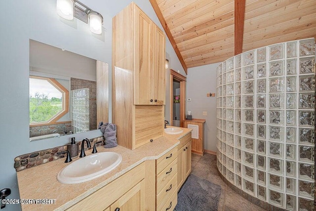 41345 Alan St, Homer, AK 99603 - bathroom featuring wood ceiling, double vanity, a sink, and lofted ceiling