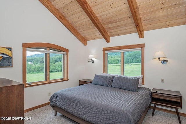 41345 Alan St, Homer, AK 99603 - bedroom featuring high vaulted ceiling, wood ceiling, carpet, baseboards, and beam ceiling