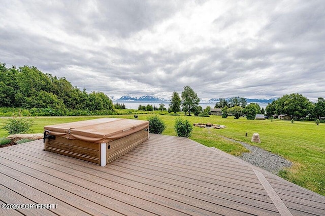 41345 Alan St, Homer, AK 99603 - wooden terrace featuring a yard, a covered hot tub, and a mountain view