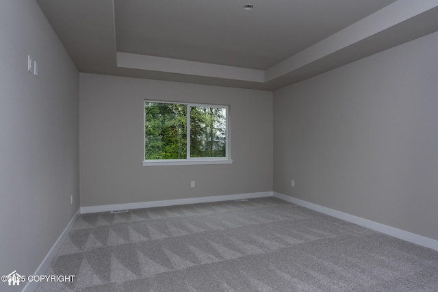 spare room with a raised ceiling, carpet flooring, and baseboards