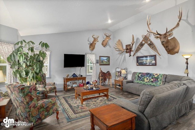 living area with wood finished floors and vaulted ceiling