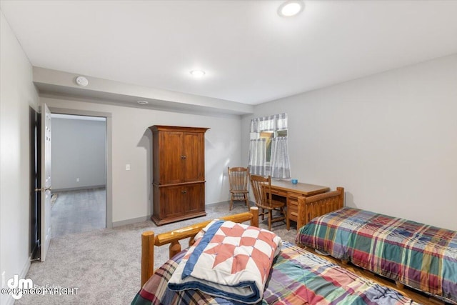 bedroom featuring recessed lighting and light colored carpet