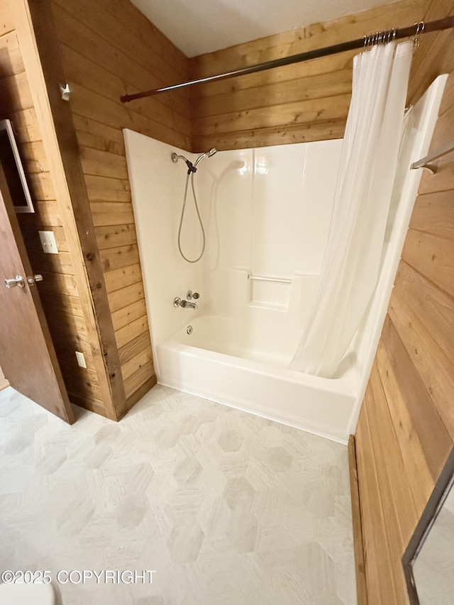 12399 Blackberry Ln, Ketchikan, AK 99901 - full bath featuring wooden walls and shower / tub combo with curtain