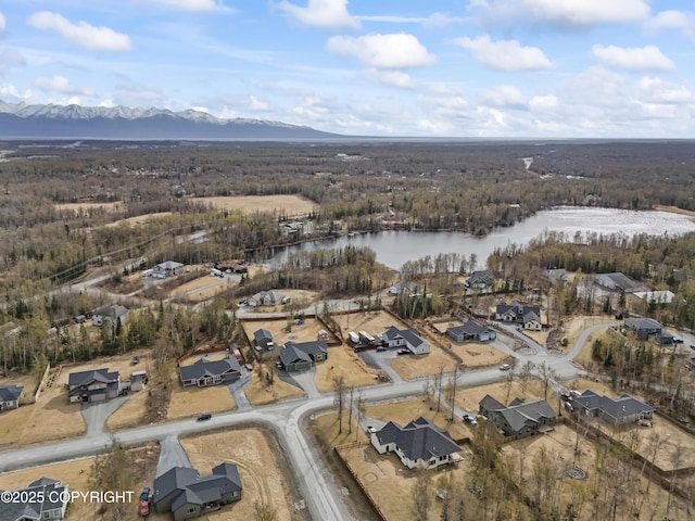 bird's eye view with a water and mountain view and a view of trees
