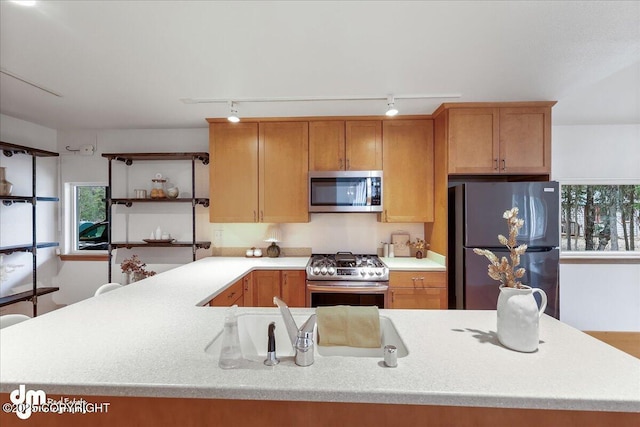 kitchen with light countertops, appliances with stainless steel finishes, plenty of natural light, and track lighting