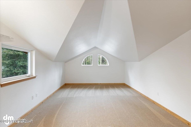 bonus room featuring a healthy amount of sunlight, carpet, and lofted ceiling