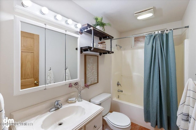 bathroom featuring vanity, shower / tub combo, and toilet