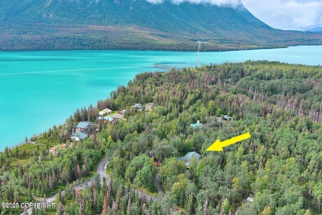 bird's eye view with a water and mountain view and a forest view
