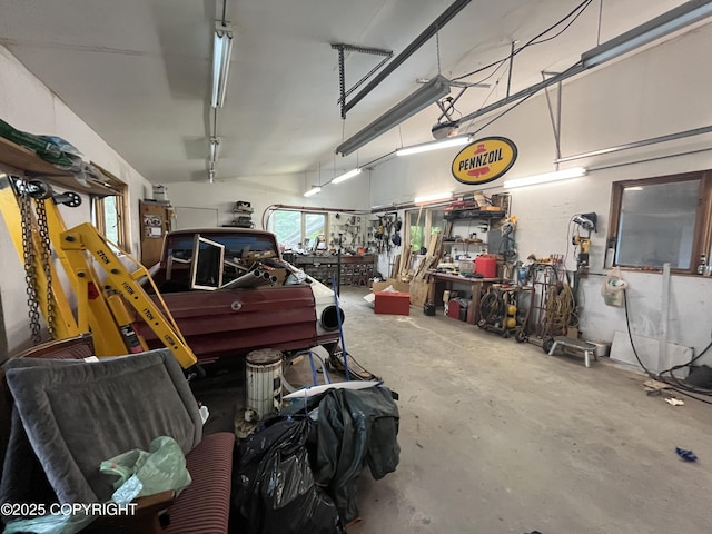garage with a workshop area