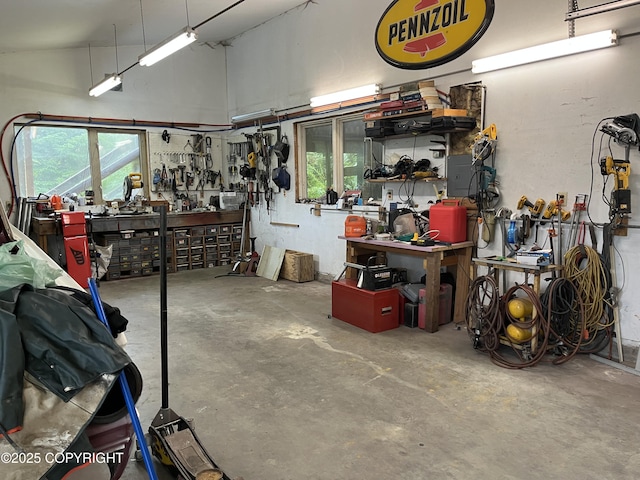 garage with a workshop area