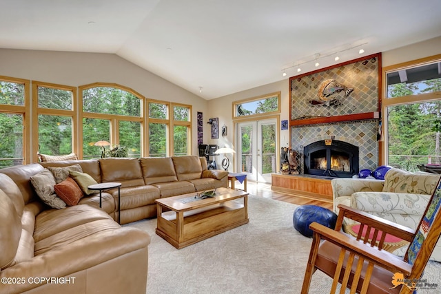 16900 Ransom Ridge Rd, Anchorage, AK 99516 - living area featuring vaulted ceiling, a tile fireplace, and rail lighting