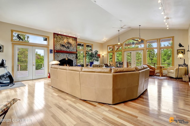 16900 Ransom Ridge Rd, Anchorage, AK 99516 - living room featuring french doors, rail lighting, light wood-style flooring, a fireplace, and lofted ceiling