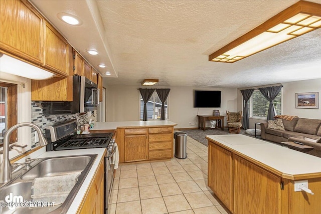 10209 Colville St, Eagle River, AK 99577 - kitchen with appliances with stainless steel finishes, a sink, a textured ceiling, a peninsula, and open floor plan