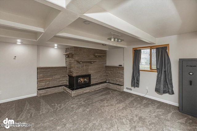 10209 Colville St, Eagle River, AK 99577 - unfurnished living room featuring baseboards, a fireplace, carpet flooring, and beam ceiling
