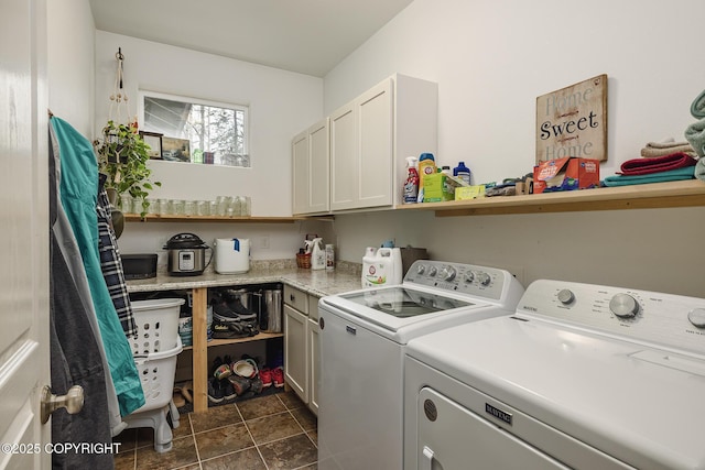 3604 N Copperspike St, Wasilla, AK 99623 - washroom featuring washer and clothes dryer, cabinet space, and dark tile patterned floors