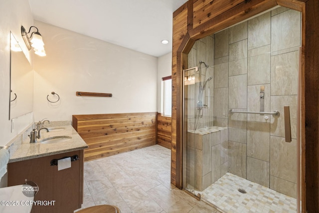 3600 N Fortune Cir, Wasilla, AK 99654 - bathroom with a stall shower, vanity, and recessed lighting