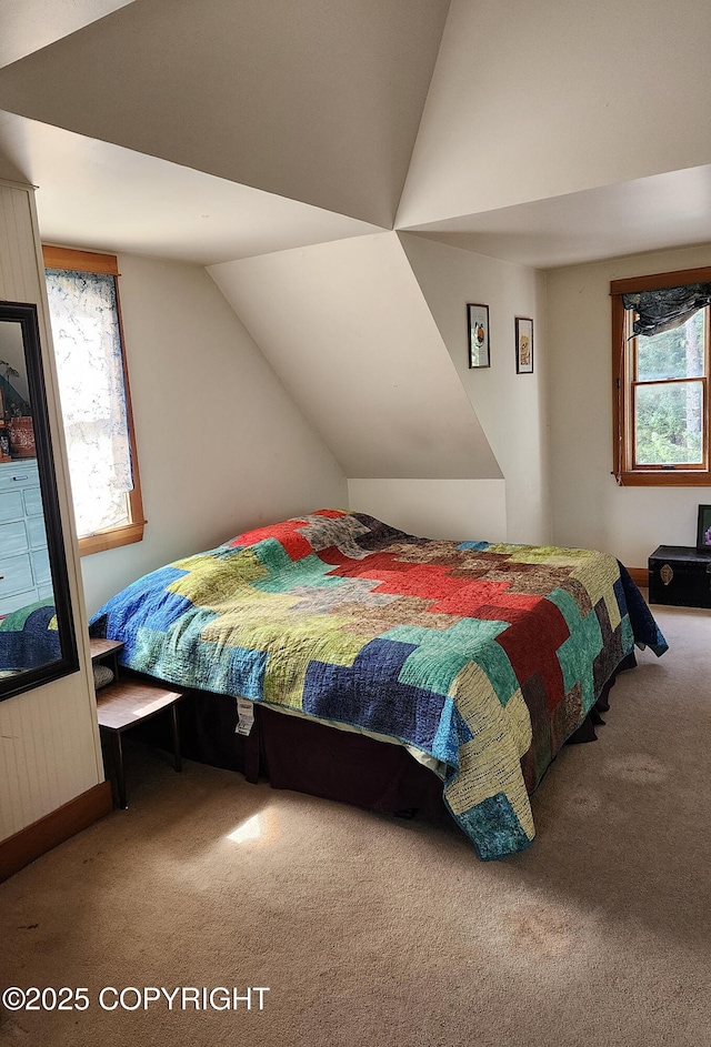 bedroom with lofted ceiling, multiple windows, and carpet
