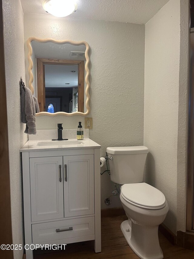 6331 E Pike Ave, Wasilla, AK 99654 - half bathroom featuring wood finished floors, toilet, vanity, baseboards, and a textured wall