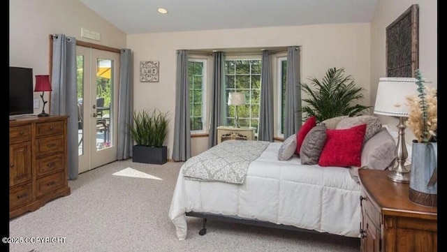21899 Sterling Hwy, Cooper Landing, AK 99572 - bedroom featuring lofted ceiling, carpet, french doors, and multiple windows