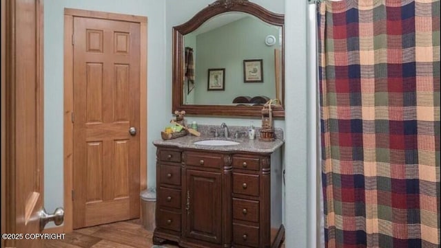 21899 Sterling Hwy, Cooper Landing, AK 99572 - bathroom with wood finished floors, a shower with curtain, and vanity
