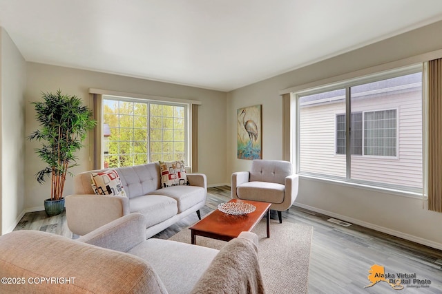 living room with baseboards and wood finished floors