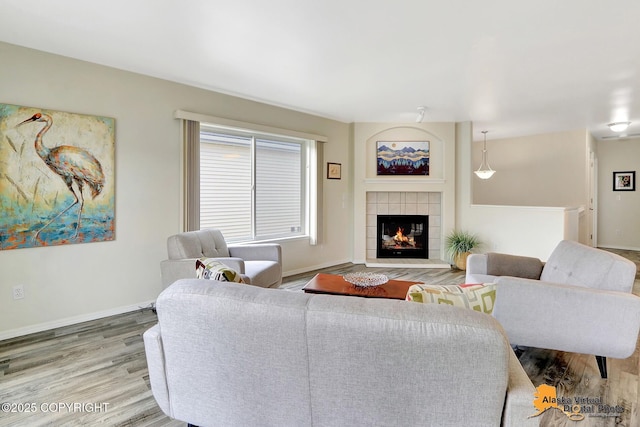 living room with wood finished floors, a fireplace, and baseboards