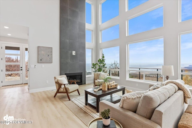 6485 Prominence Pointe Dr, Anchorage, AK 99516 - living room with plenty of natural light, a towering ceiling, a fireplace, light wood-type flooring, and baseboards